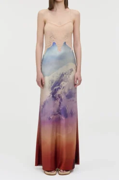 Adolphine Slip Maxi Dress in Mountain Printed Satin Silk Twill