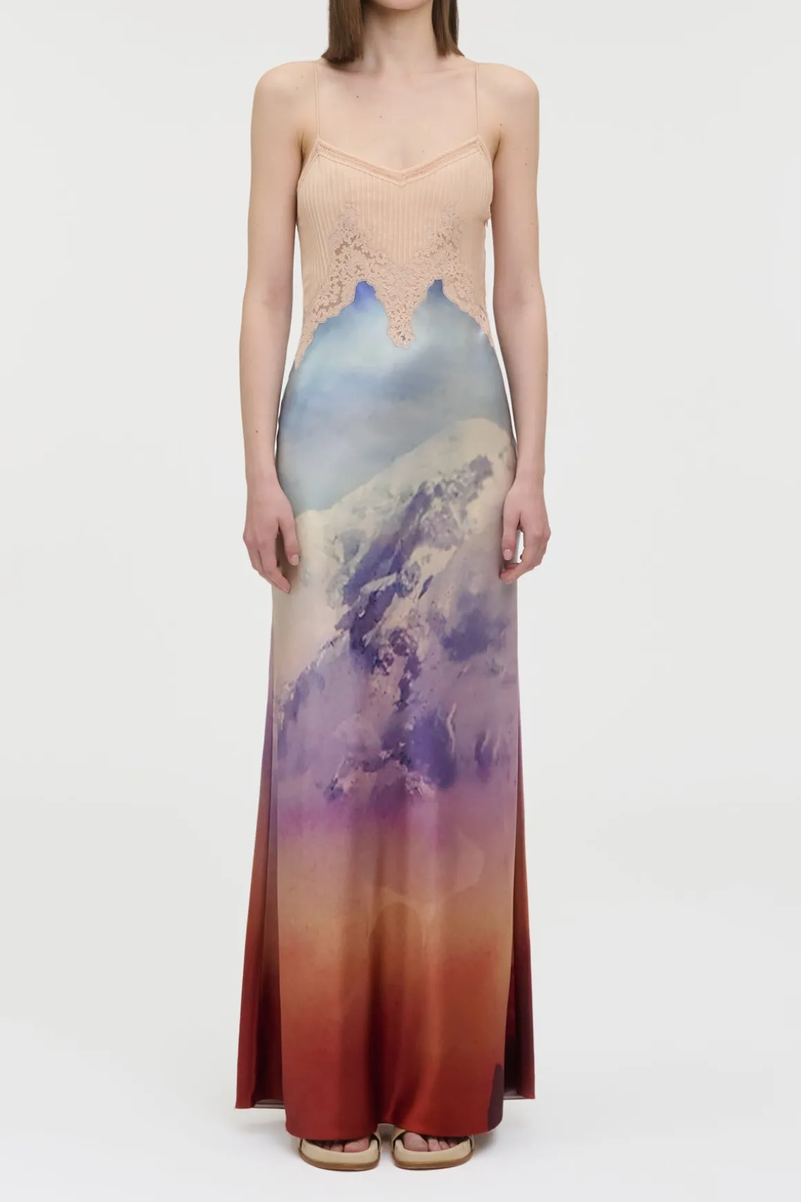 Adolphine Slip Maxi Dress in Mountain Printed Satin Silk Twill