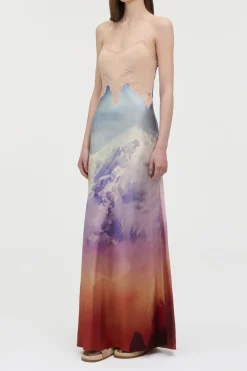 Adolphine Slip Maxi Dress in Mountain Printed Satin Silk Twill