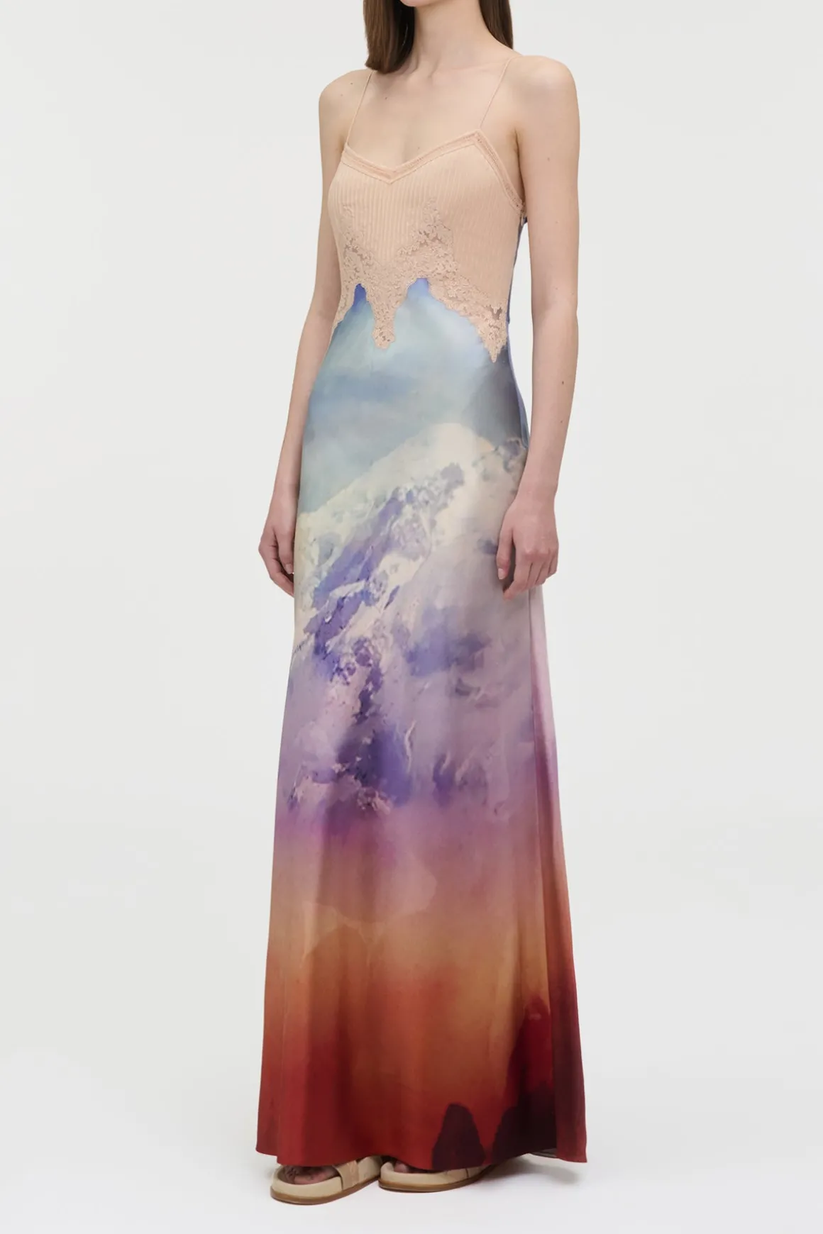 Adolphine Slip Maxi Dress in Mountain Printed Satin Silk Twill
