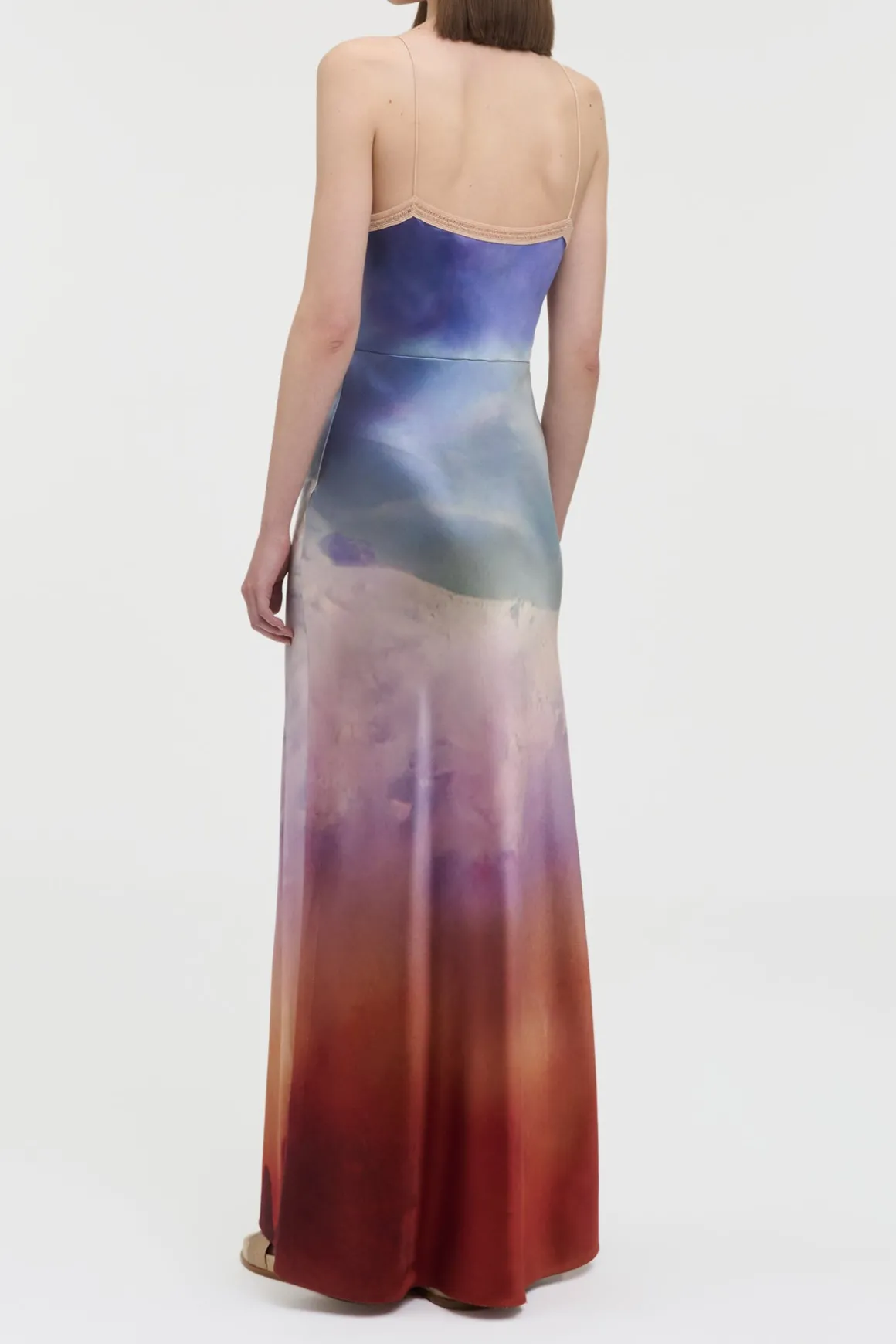 Adolphine Slip Maxi Dress in Mountain Printed Satin Silk Twill