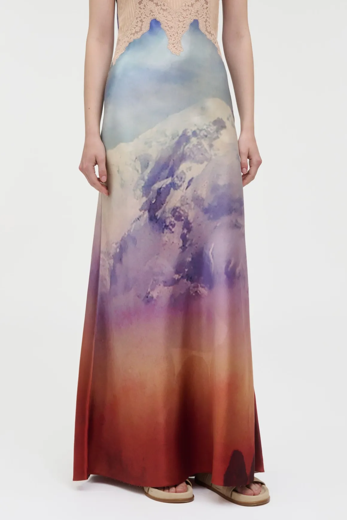 Adolphine Slip Maxi Dress in Mountain Printed Satin Silk Twill