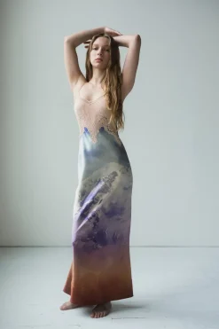 Adolphine Slip Maxi Dress in Mountain Printed Satin Silk Twill