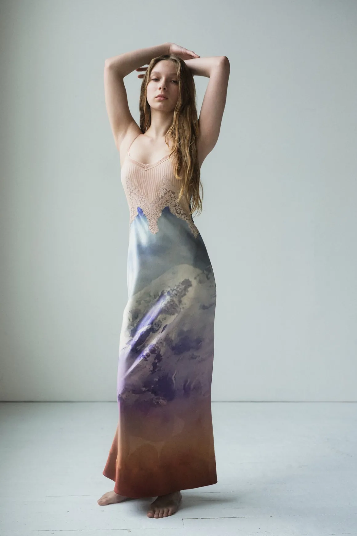 Adolphine Slip Maxi Dress in Mountain Printed Satin Silk Twill