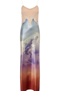 Adolphine Slip Maxi Dress in Mountain Printed Satin Silk Twill