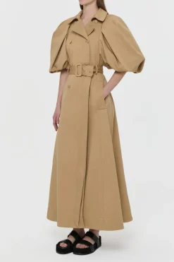 Aeon Puff Sleeve Trench Coat in Camel Sea Island Cotton Twill