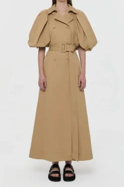 Aeon Puff Sleeve Trench Coat in Camel Sea Island Cotton Twill
