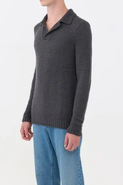 Aled Knit Polo in Charcoal Cashmere