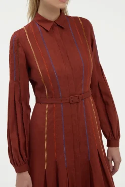 Aleka Pleated Midi Shirtdress in Burnt Sienna Multi Aloe Linen