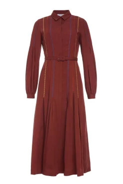 Aleka Pleated Midi Shirtdress in Burnt Sienna Multi Aloe Linen