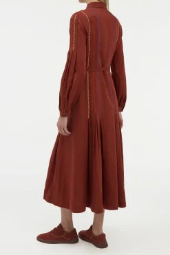 Aleka Pleated Midi Shirtdress in Burnt Sienna Multi Aloe Linen