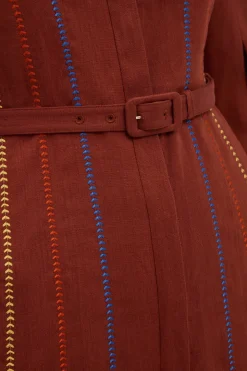 Aleka Pleated Midi Shirtdress in Burnt Sienna Multi Aloe Linen