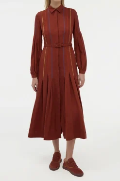 Aleka Pleated Midi Shirtdress in Burnt Sienna Multi Aloe Linen
