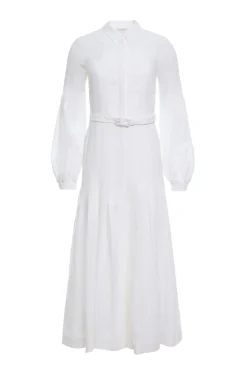 Aleka Pleated Midi Shirtdress in White Aloe Linen