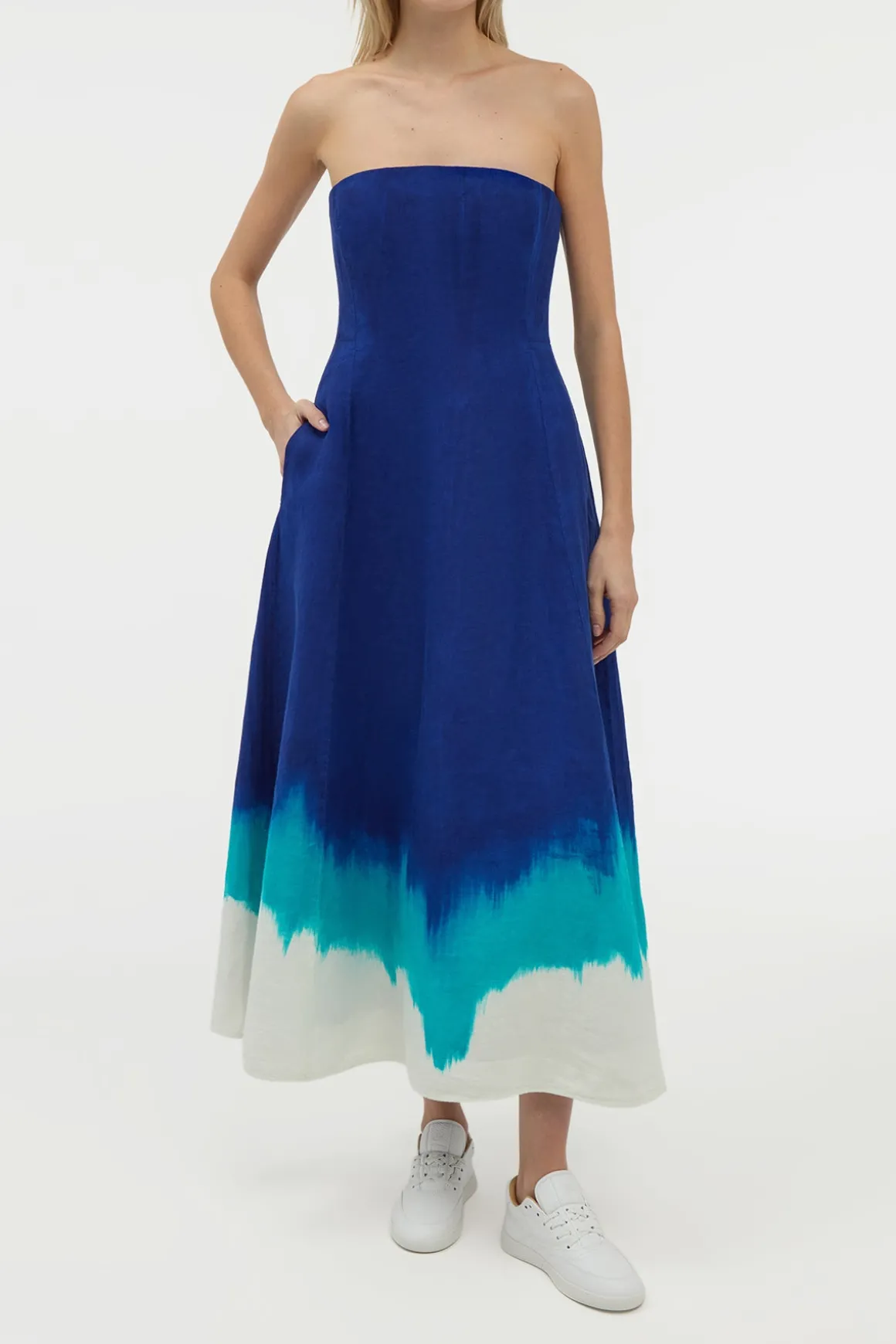 Alessia Strapless Maxi Dress in Cobalt Multi Linen Twill