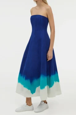 Alessia Strapless Maxi Dress in Cobalt Multi Linen Twill