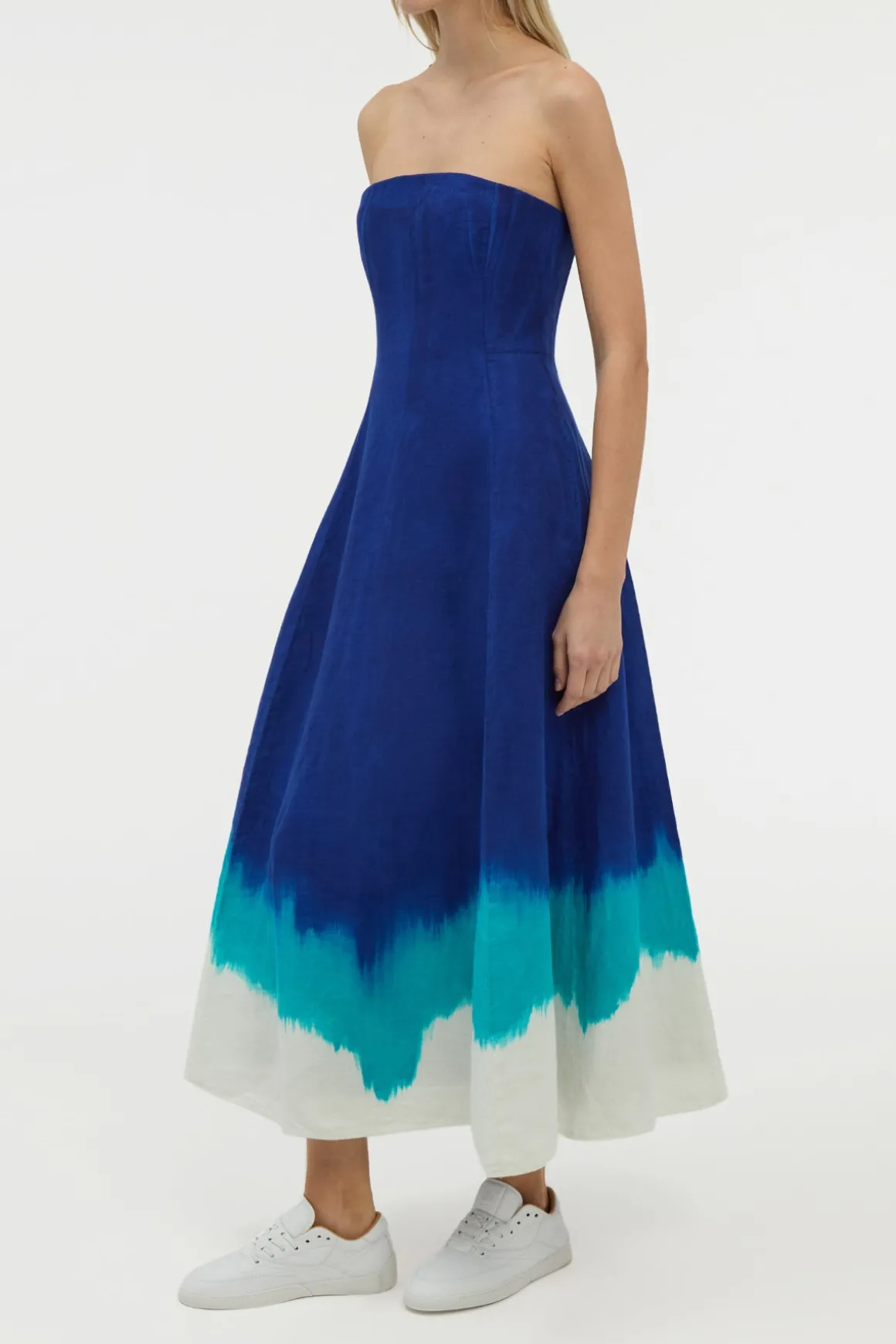 Alessia Strapless Maxi Dress in Cobalt Multi Linen Twill