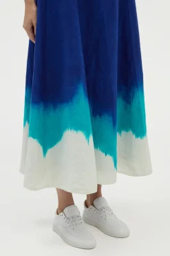 Alessia Strapless Maxi Dress in Cobalt Multi Linen Twill