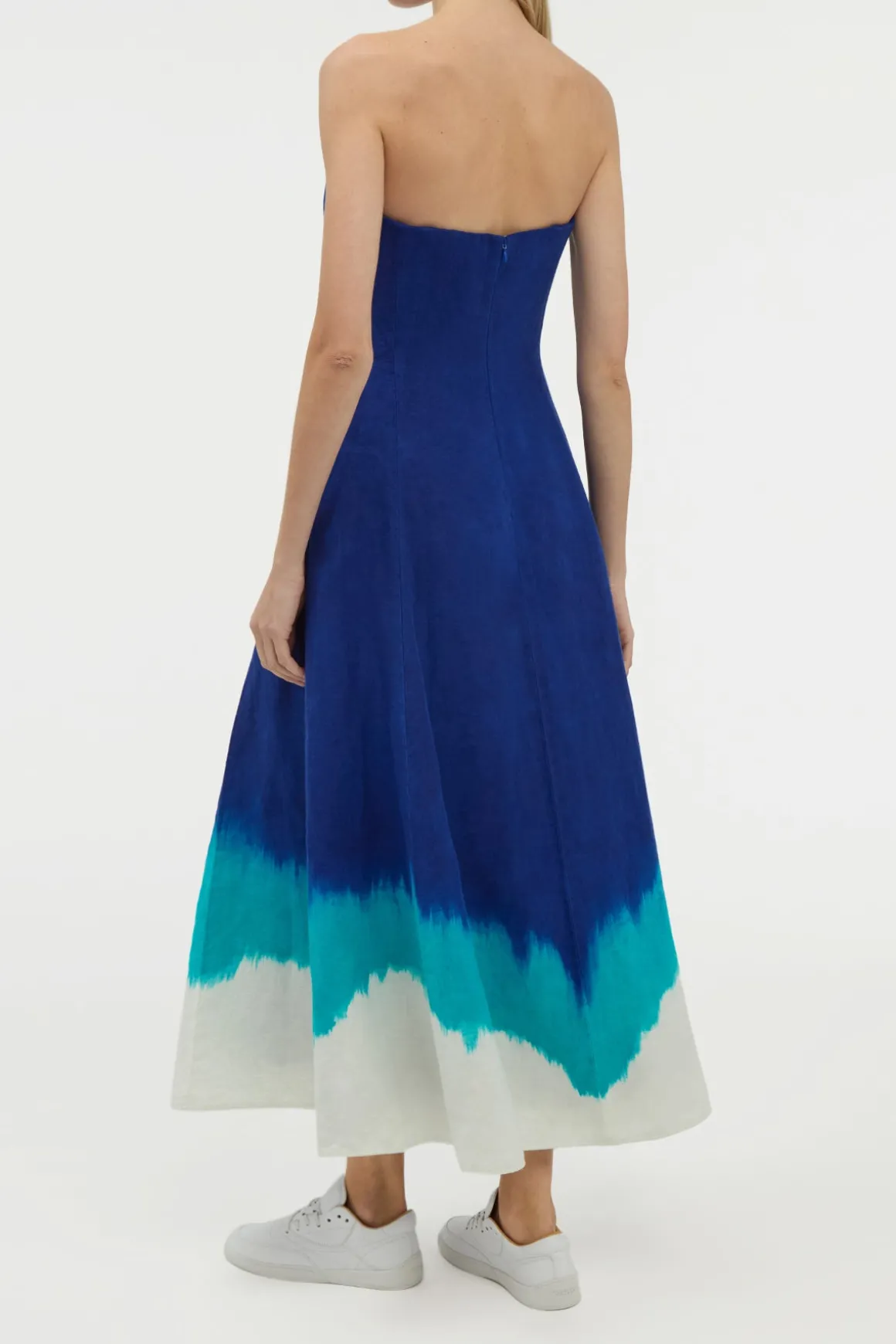 Alessia Strapless Maxi Dress in Cobalt Multi Linen Twill