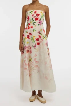 Alessia Strapless Maxi Dress in Uruguayan Flowers Printed Linen