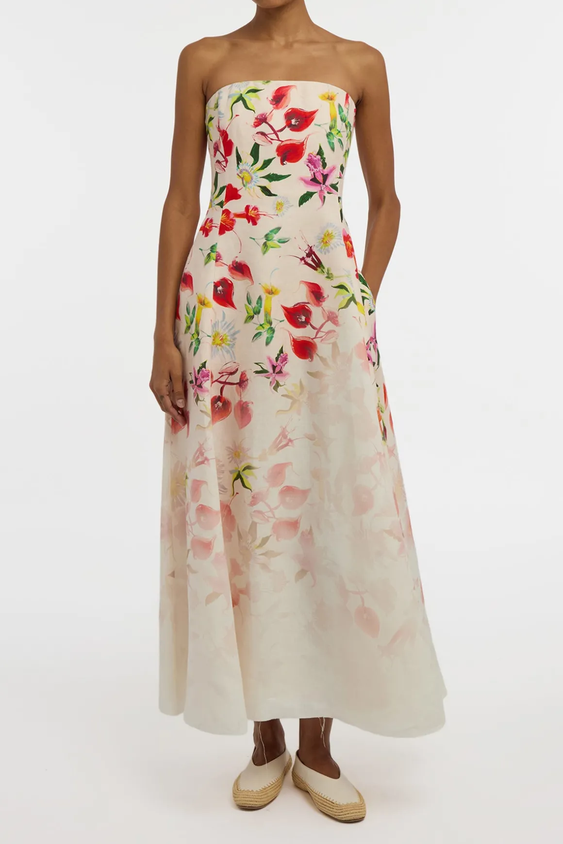 Alessia Strapless Maxi Dress in Uruguayan Flowers Printed Linen