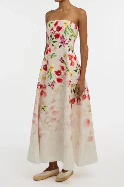 Alessia Strapless Maxi Dress in Uruguayan Flowers Printed Linen