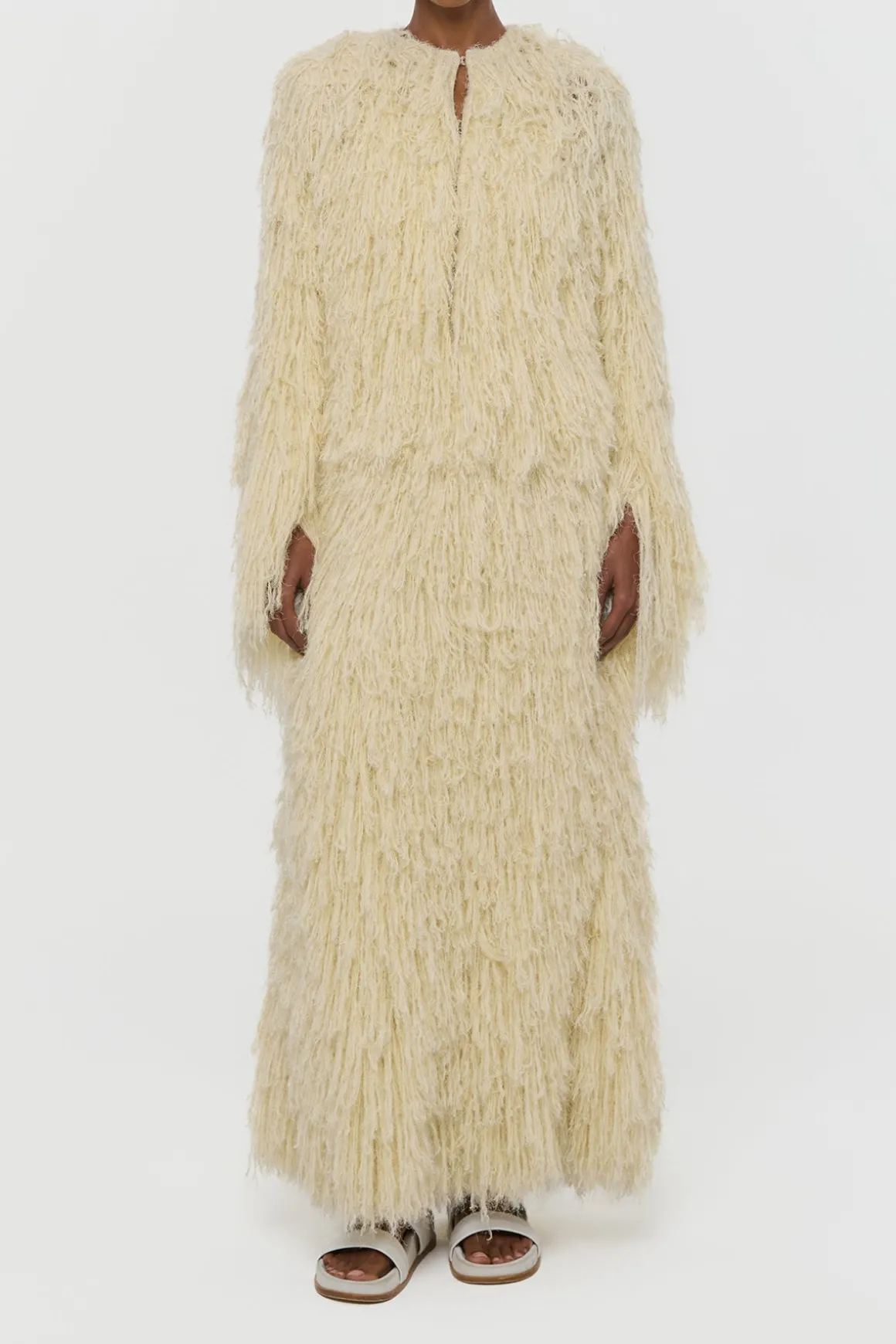 Amina Fringe Knit Jacket in Off White Silk Cashmere