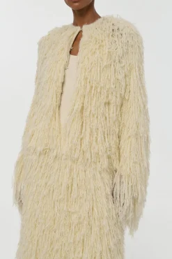 Amina Fringe Knit Jacket in Off White Silk Cashmere