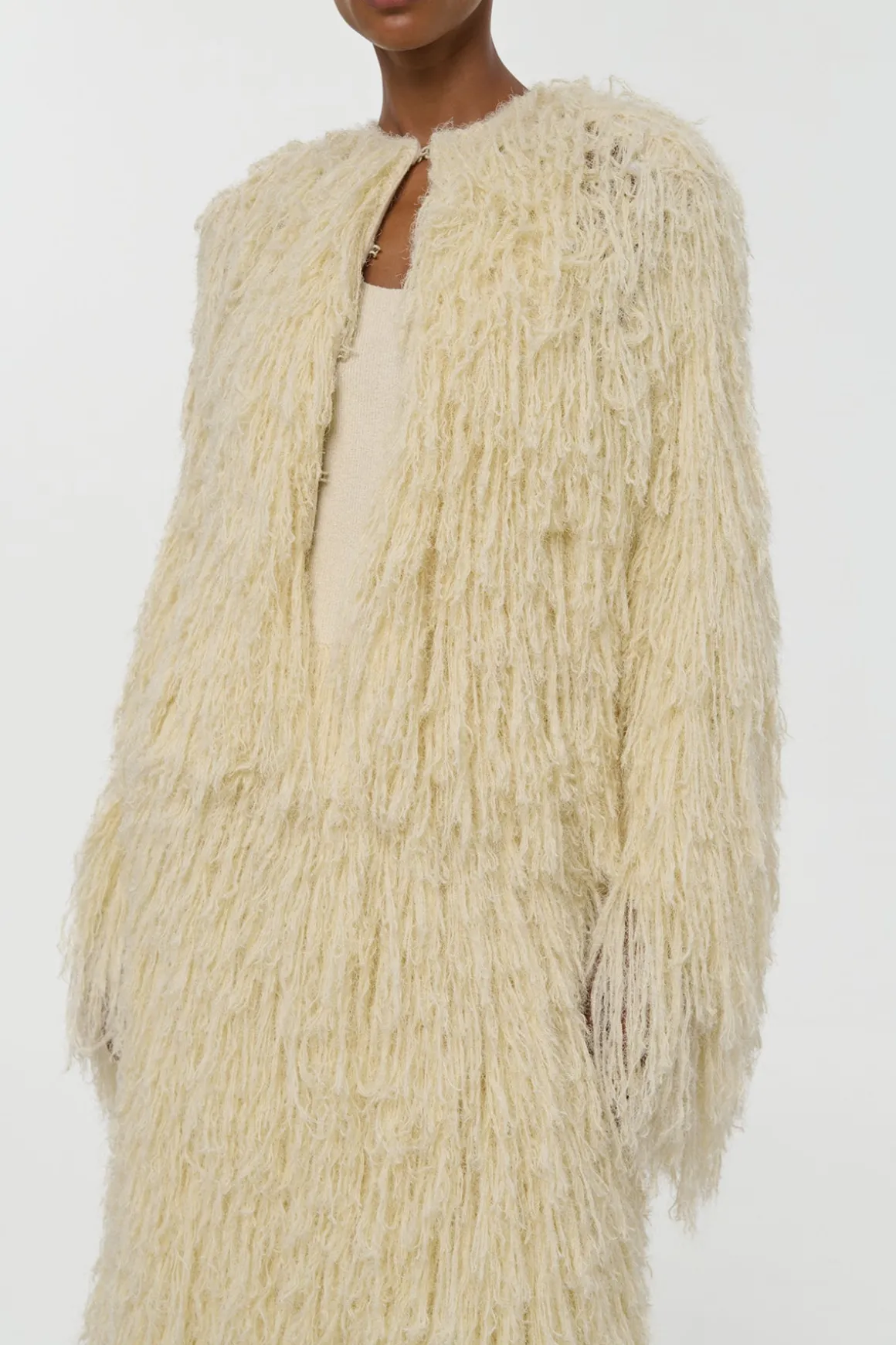 Amina Fringe Knit Jacket in Off White Silk Cashmere