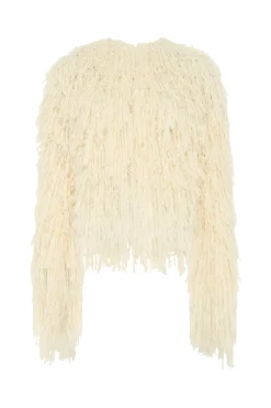 Amina Fringe Knit Jacket in Off White Silk Cashmere