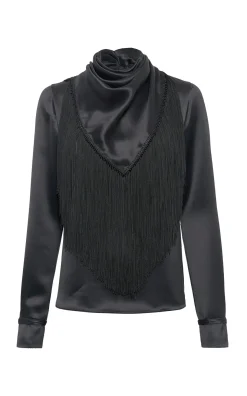 Anderson Fringe Scarf Top in Black Silk Satin