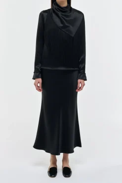 Anderson Fringe Scarf Top in Black Silk Satin
