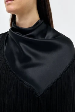 Anderson Fringe Scarf Top in Black Silk Satin
