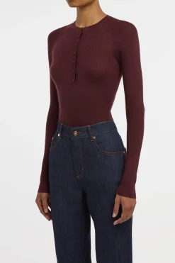 Anges Knit Henley in Bordeaux Cashmere Silk with Hemp