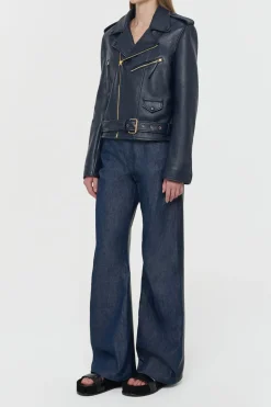 Anton Biker Jacket in Dark Navy Textured Leather
