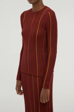 Augie Pinstripe Knit Sweater in Burnt Sienna Merino Wool