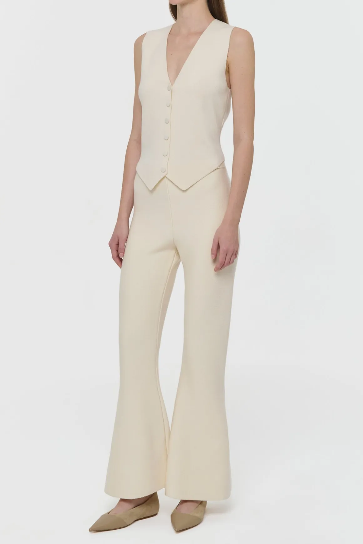 Ayala Flare Cropped Knit Pant in Off White Merino Wool Cashmere