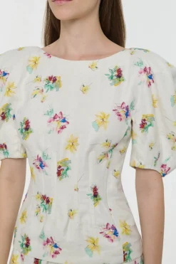 Ayelet Puff Sleeve Mia's Flowers Top in Ivory Multi Printed Linen Twill