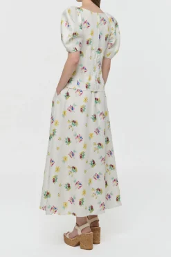 Ayelet Puff Sleeve Mia's Flowers Top in Ivory Multi Printed Linen Twill