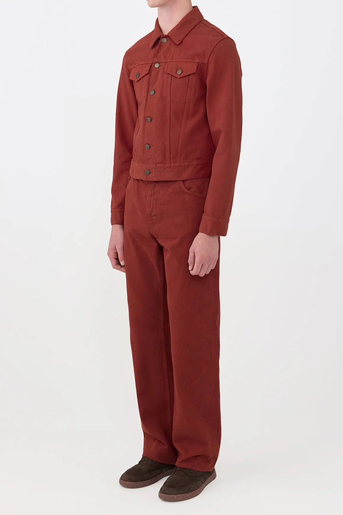 Barry Trucker Jacket in Burnt Sienna Recycled Cotton Denim