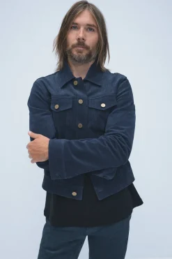 Barry Trucker Jacket in Electric Navy Suede Corduroy