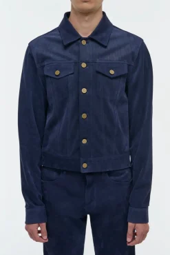 Barry Trucker Jacket in Electric Navy Suede Corduroy