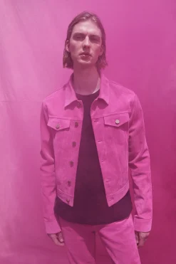 Barry Trucker Jacket in Fuchsia Suede Corduroy