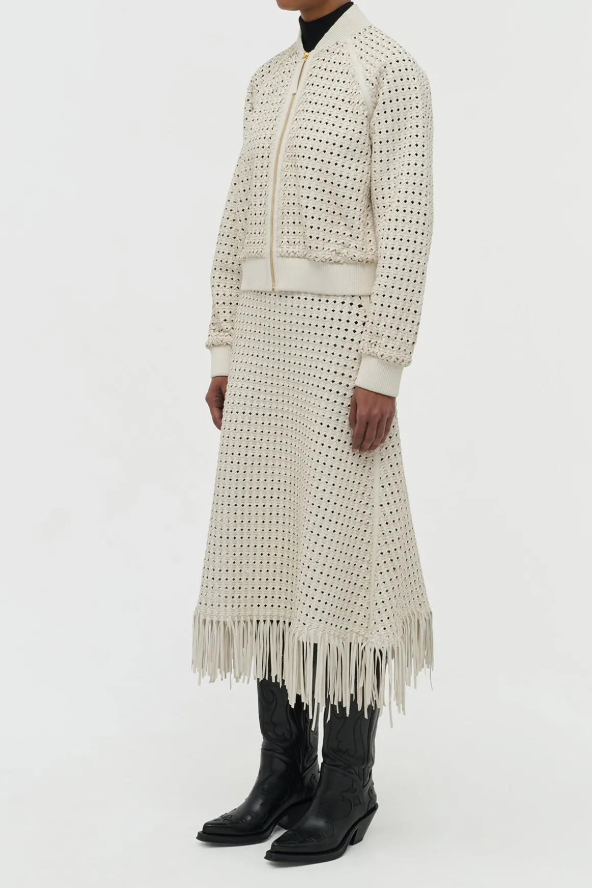 Bennie Midi Skirt in White Woven Leather