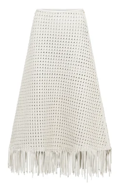 Bennie Midi Skirt in White Woven Leather