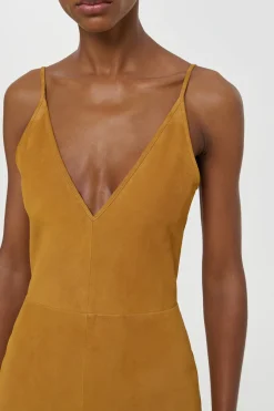 Brigita Slip Maxi Dress in Cashew Suede