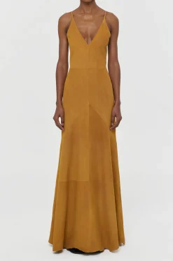 Brigita Slip Maxi Dress in Cashew Suede