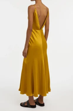 Brigita Slip Maxi Dress in Golden Birch Silk Satin