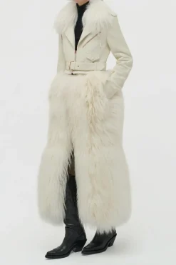 Brymwylf Convertible Coat in White Textured Leather & Cashmere Shearling