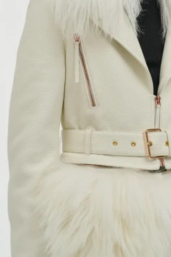 Brymwylf Convertible Coat in White Textured Leather & Cashmere Shearling